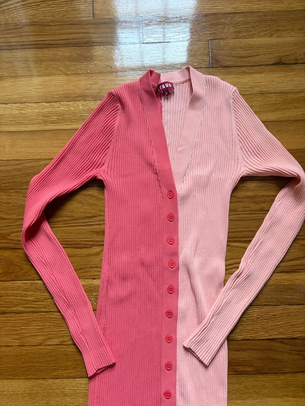 STAUD Two-Tone Ribbed Button-Front Midi Dress in Orange & Pink - Picture 5 of 5